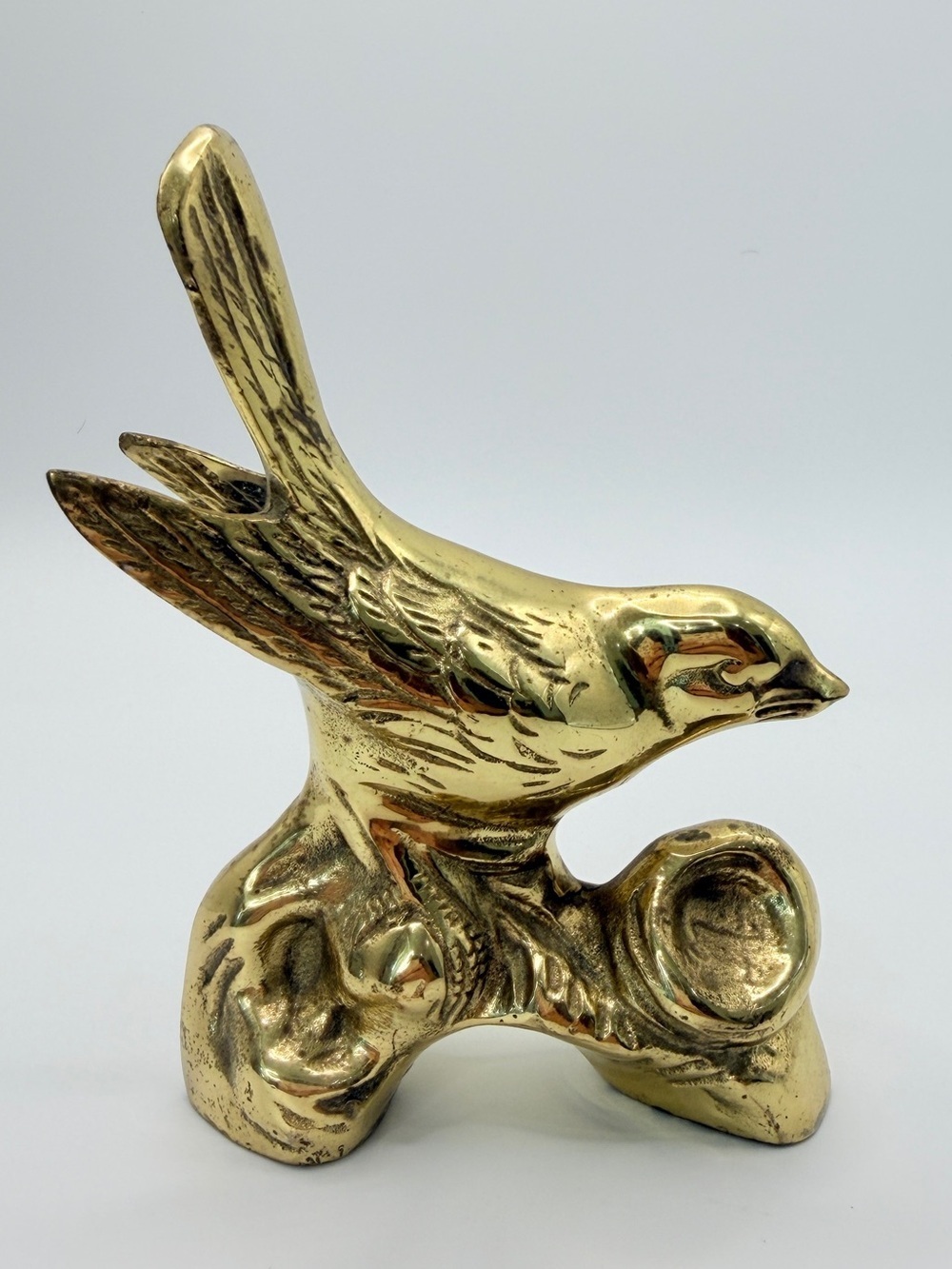 Vintage Solid Brass Bird Songbird Figurine on Branch MCM Hollywood Regency Decor